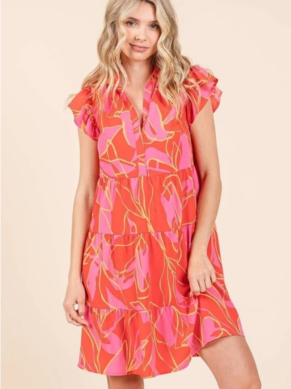 Mittoshop Leaf Print Tiered Flutter Sleeve Dress in Coral Pink Print Xl
